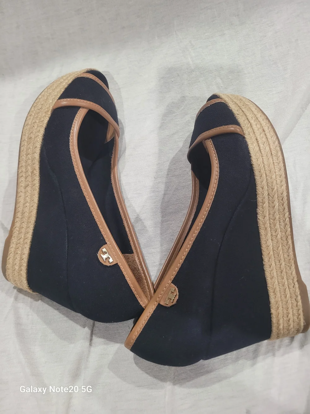Tory Burch Black Tan Canvas Espadrille Wedge Sandals EUC 6.5